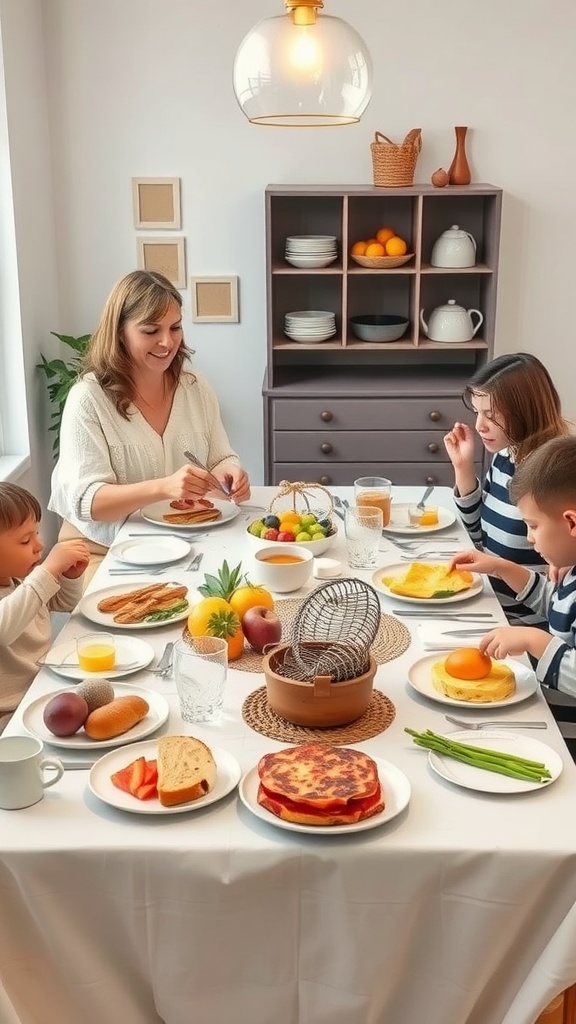 Et bilde av en familie som nyter en frokost med lavkarbo-retter og frukt.