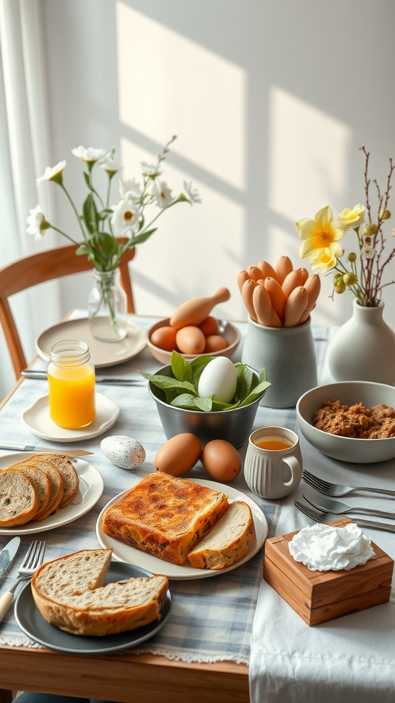 Lavkarbo Påskefrokost med egg, grønnsaker og lavkarbobrød.
