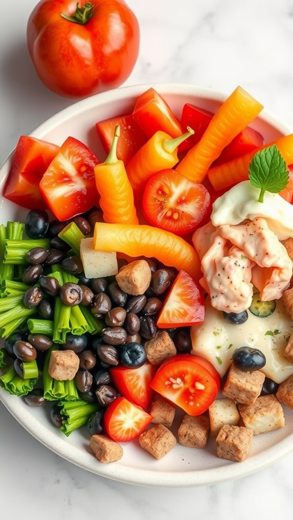 En fargerik salat med forskjellige grønnsaker, bønner og krutonger, ser frisk og appetittvekkende ut.