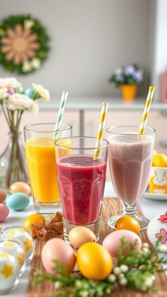 Lavkarbo smoothies i fargerike glass med strå, dekorert til påskefrokost