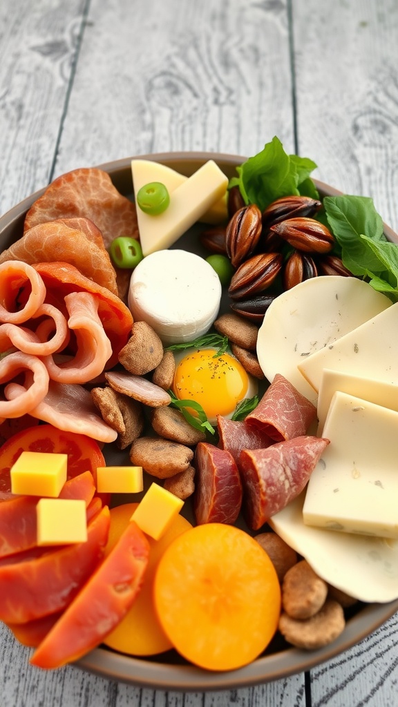 En smakfull tallerken med lavkarbo pålegg, inkludert forskjellige typer kjøtt, ost og grønnsaker.