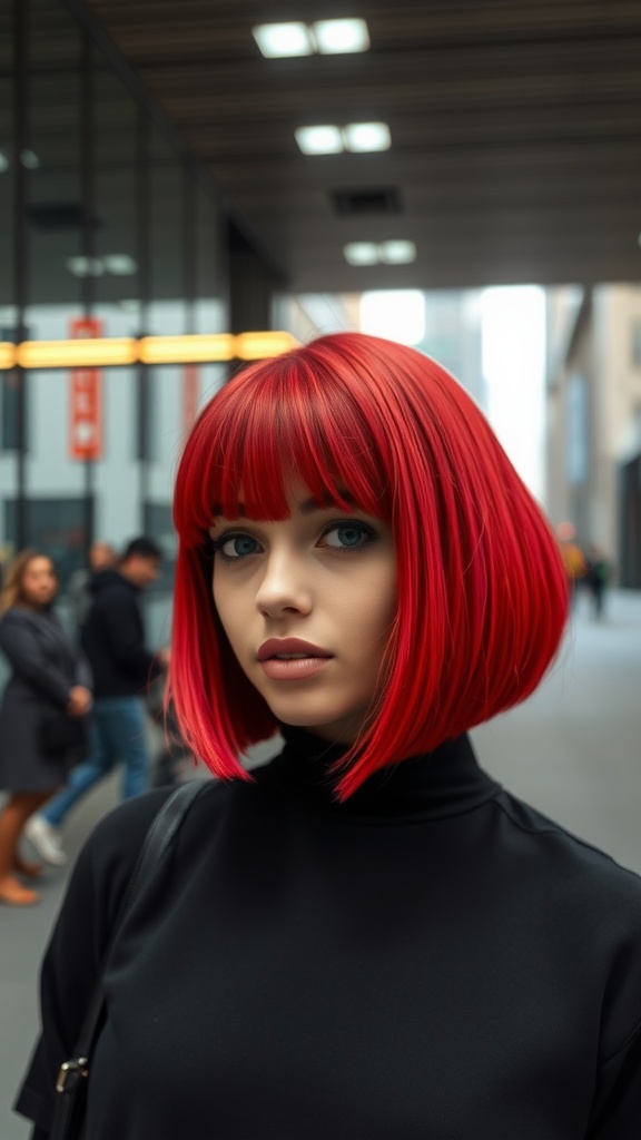 A person with bright ruby red bob hairstyle standing in a modern urban setting.