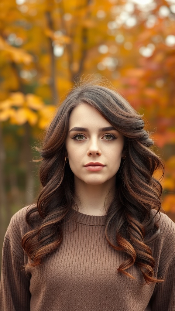 A woman with long, wavy brown hair with caramel highlights, standing in front of autumn foliage.