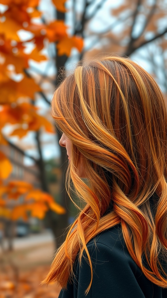 A woman with burnt orange hair featuring golden highlights, surrounded by autumn leaves.