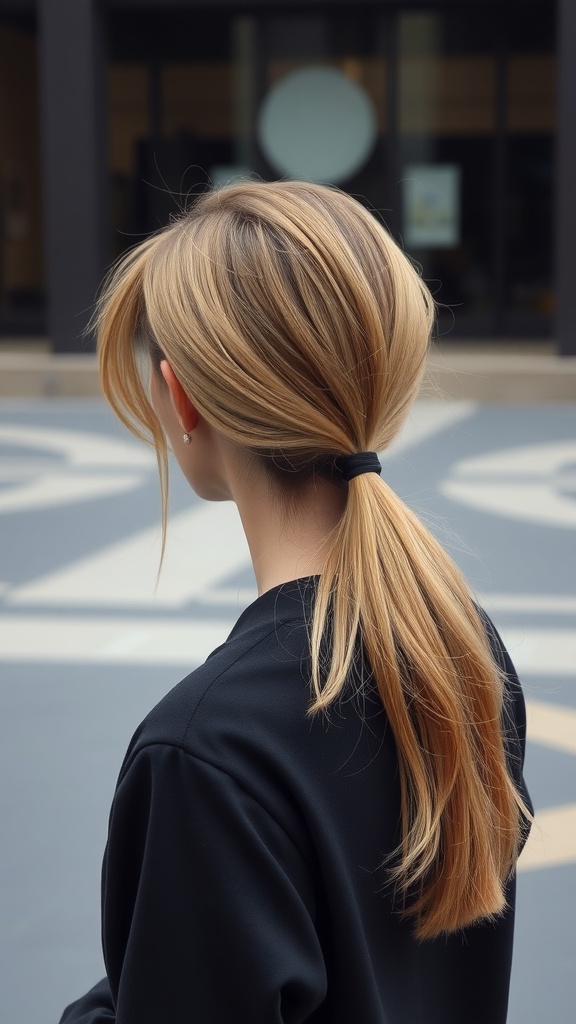 Chic ponytail hairstyle with fringe, showcasing a casual yet stylish look.