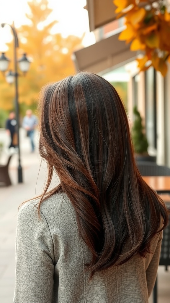 A woman with long, flowing hair displaying chocolate truffle tones, standing outdoors in a fall setting.