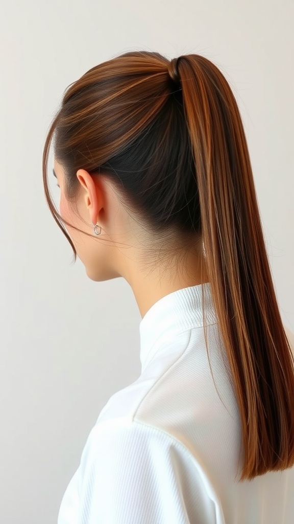 A stylish woman with straight hair tied in a classic ponytail, wearing a white top.