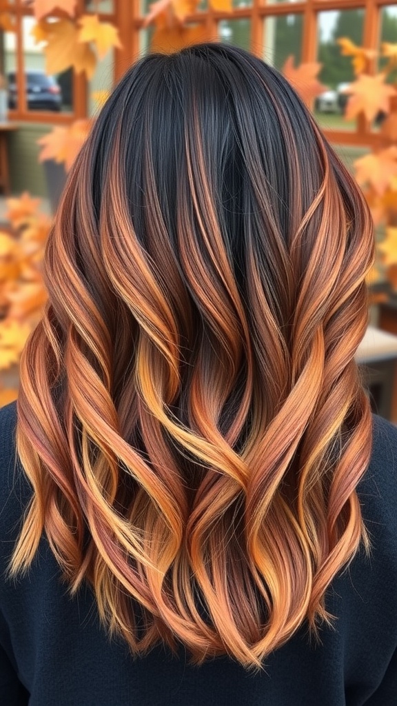 A hairstyle featuring a copper ombre effect with dark roots transitioning into bright copper and orange tones.