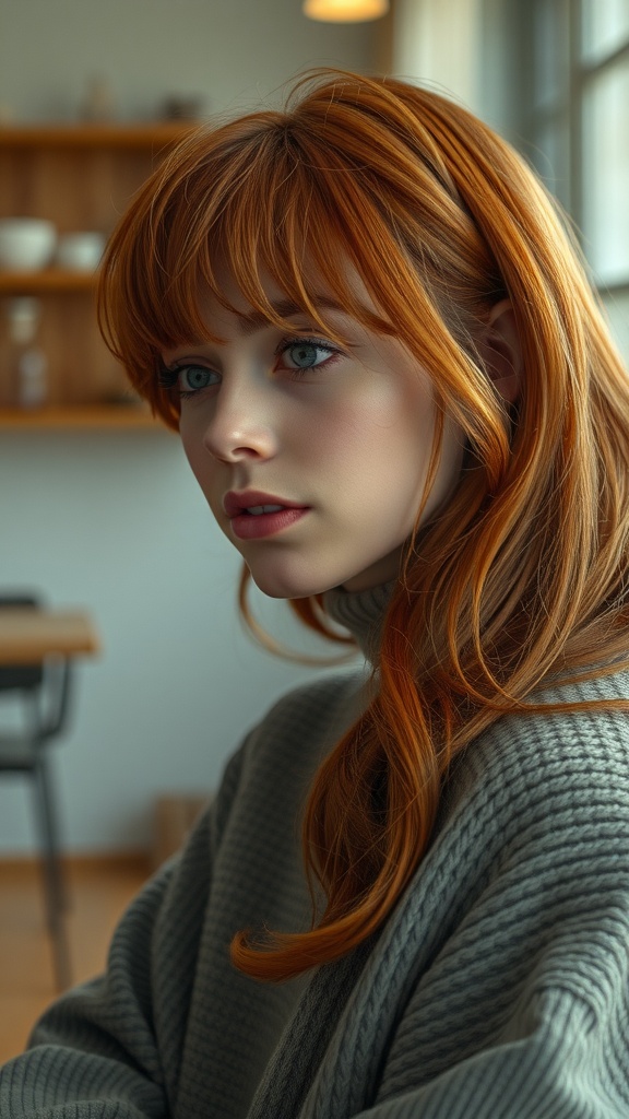 A woman with copper red hair and side-swept bangs, wearing a cozy sweater, sitting indoors.