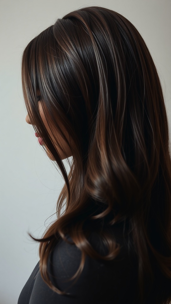 Dark mahogany hair with a glossy finish, styled in loose waves