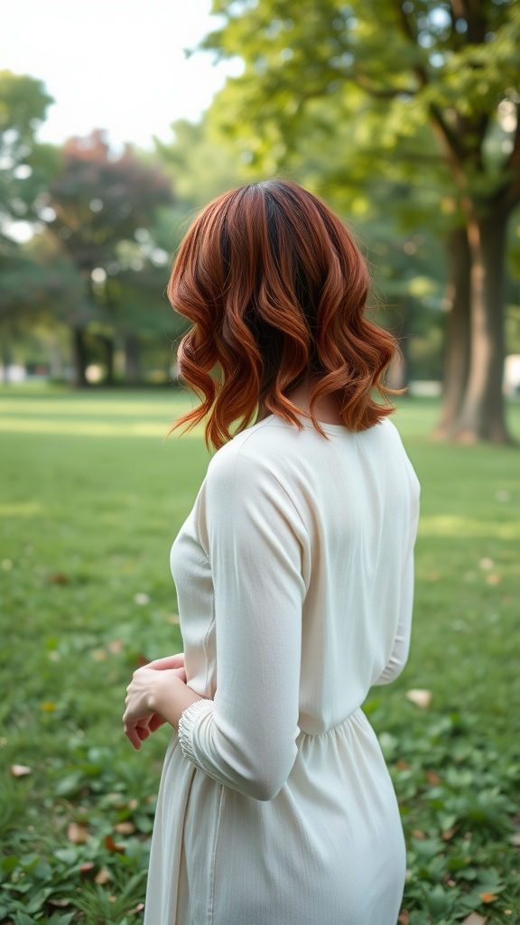 A person with deep crimson hair styled in soft waves, standing in a green park.