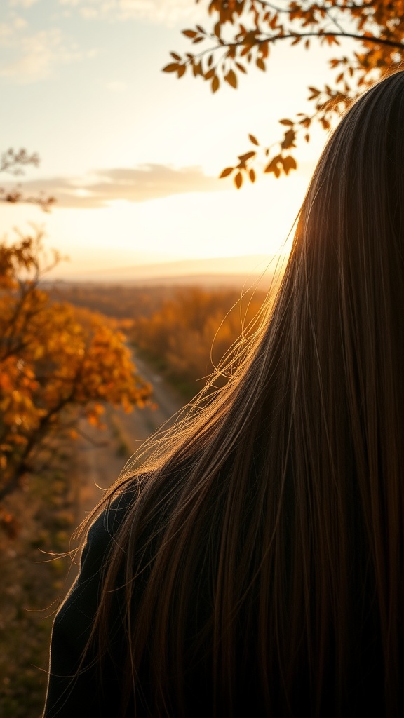 A person with long hair standing in front of a sunset with autumn leaves around.