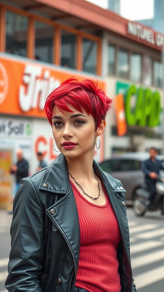 A model with an electric red pixie cut wearing a leather jacket and a red top, showcasing a trendy urban style.