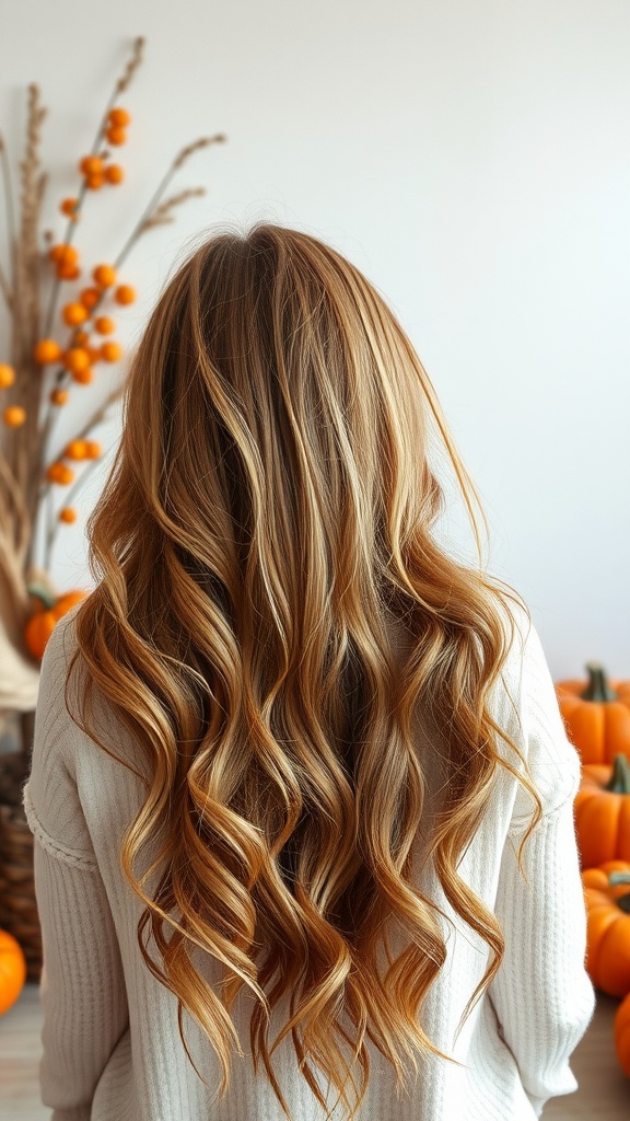 Long wavy hair in a warm pumpkin spice color with a soft sweater in a cozy autumn setting.