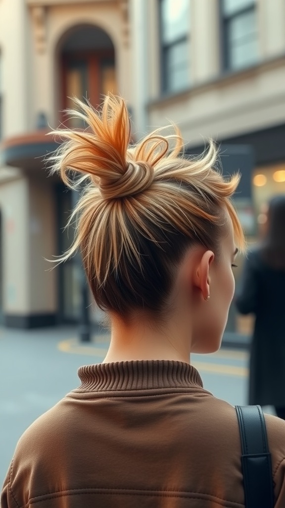 A woman with a faux hawk ponytail, showcasing a stylish and casual look.