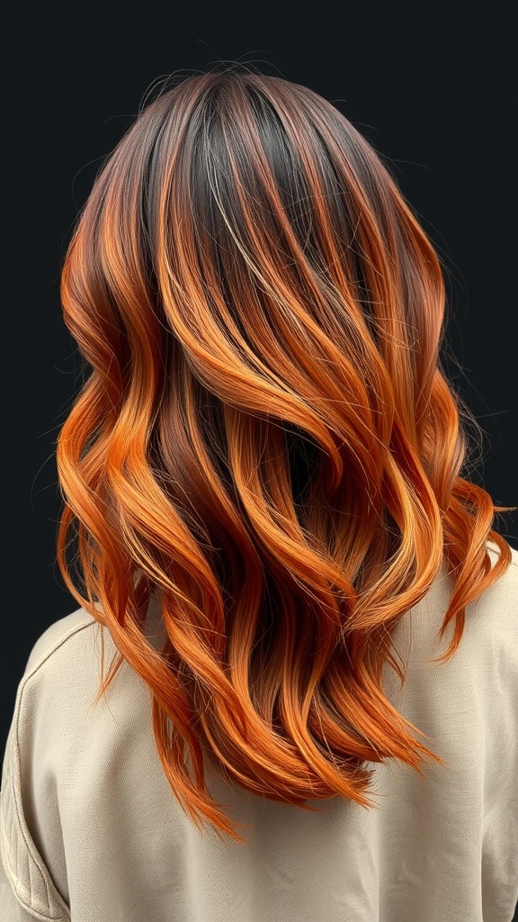 A beautiful hairstyle featuring fiery copper ombre with layered waves and warm tones.