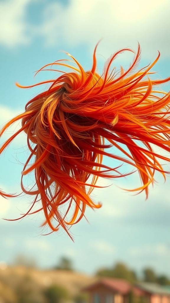 Vibrant flame red hair styled in feathered layers against a soft background.