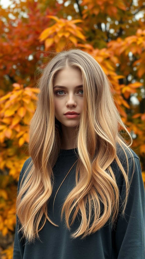 A model with golden blonde balayage hair standing in front of autumn foliage.