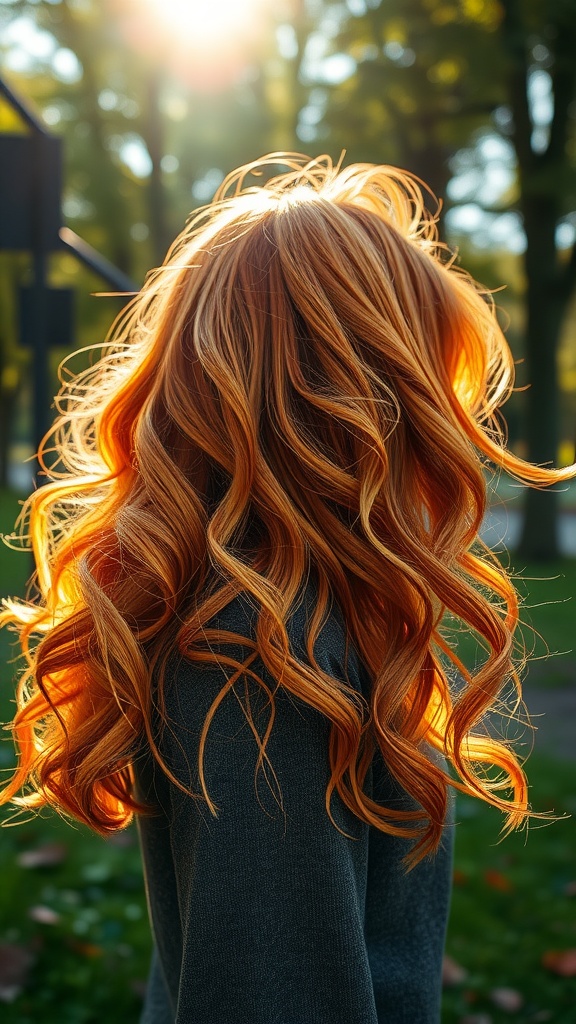 A person with long, wavy golden copper hair, illuminated by sunlight, surrounded by nature.