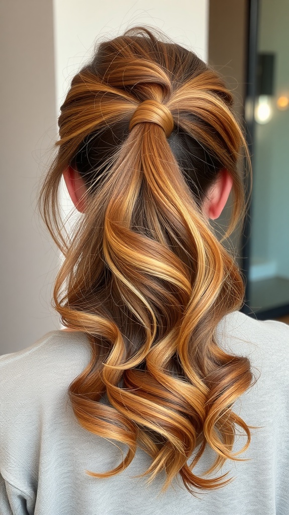 A stylish half-up, half-down ponytail with flowing curls.