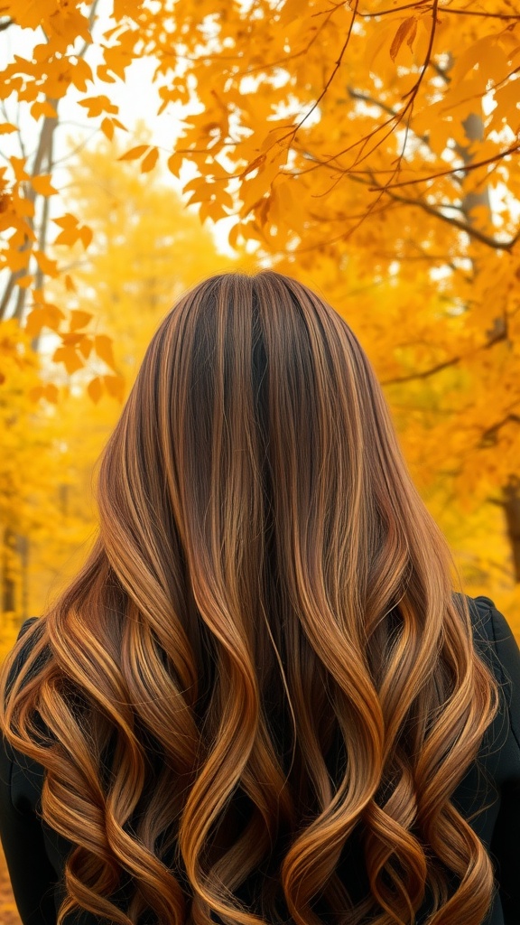 A person with honey brown wavy hair against a backdrop of autumn leaves.