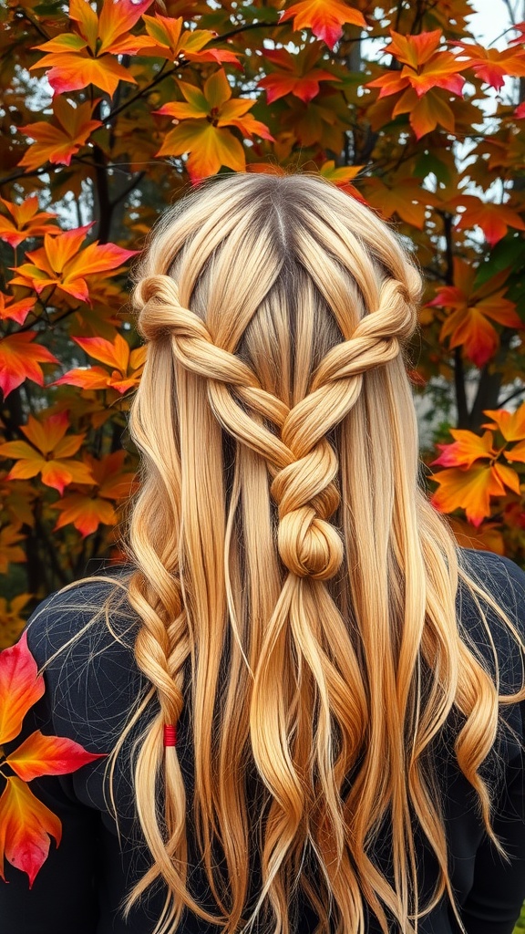 A woman with long, braided strawberry blonde hair, standing in front of vibrant autumn leaves.