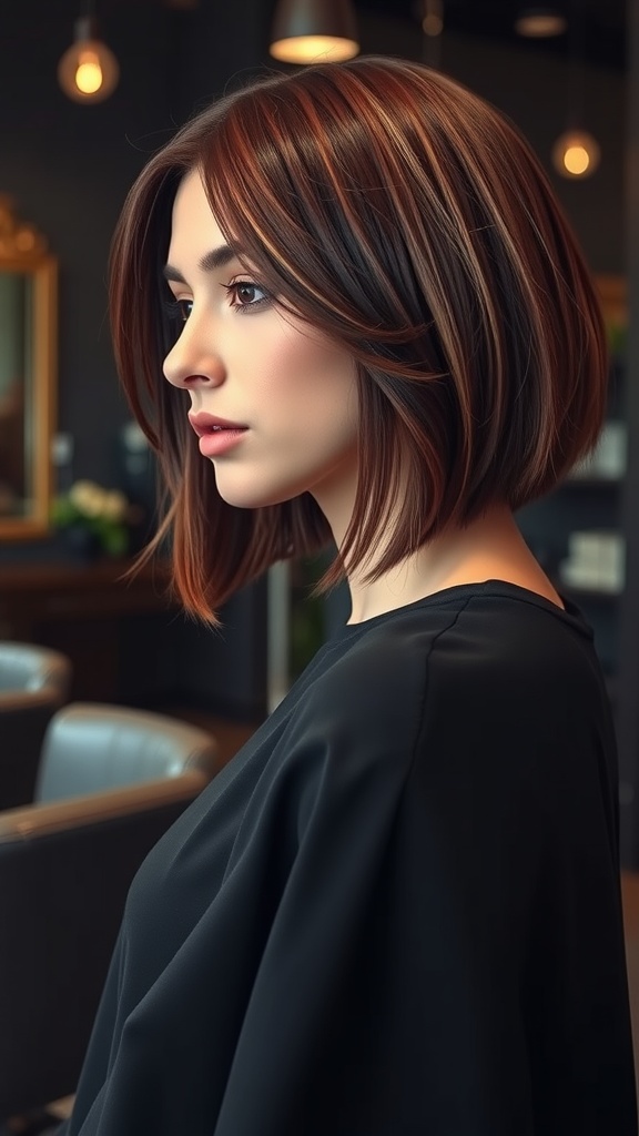 A woman with a mahogany bob haircut featuring subtle highlights.