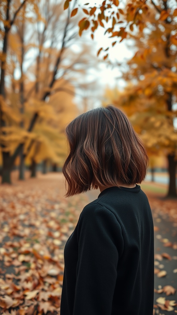 A woman with reddish brown hair standing in a park filled with autumn leaves.