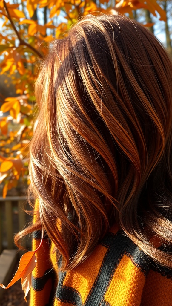 A close-up of wavy hair with rich auburn highlights, set against a backdrop of fall leaves.