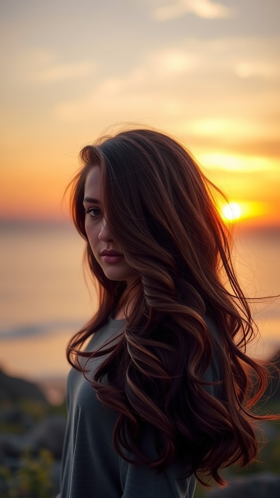 A woman with long, wavy hair colored in rich burgundy balayage against a sunset backdrop.