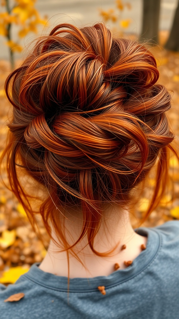 A hairstyle featuring rusty red undertones, styled in an intricate bun with autumn leaves in the background.