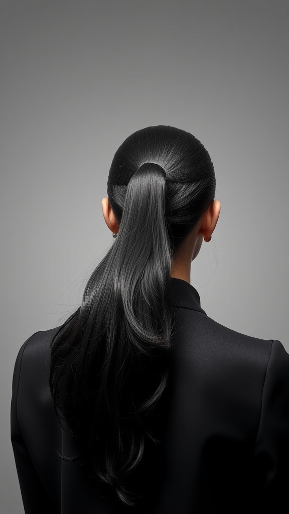 A sleek high ponytail hairstyle with a hair wrap, showcasing shiny black hair.