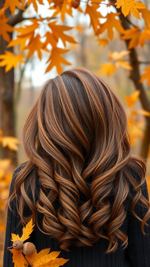 A person with soft caramel-toned hair surrounded by autumn leaves.