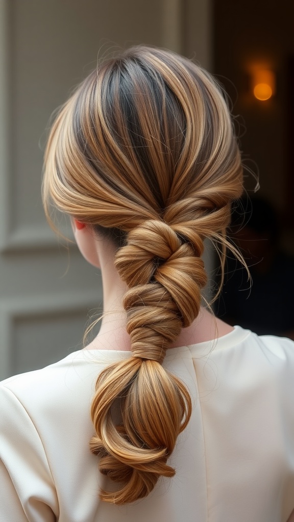 A stylish low ponytail hairstyle with twists and curls.