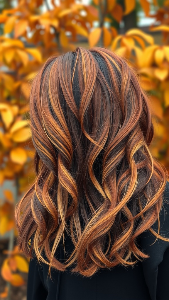 A person with wavy hair featuring spicy cinnamon highlights, set against a backdrop of autumn foliage.