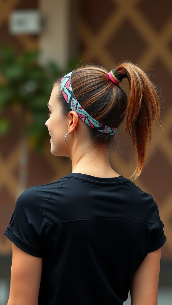 A woman with a sporty high ponytail wearing a colorful headband.