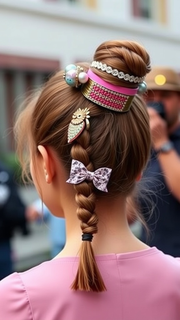 A stylish twisted ponytail with decorative hair accessories.