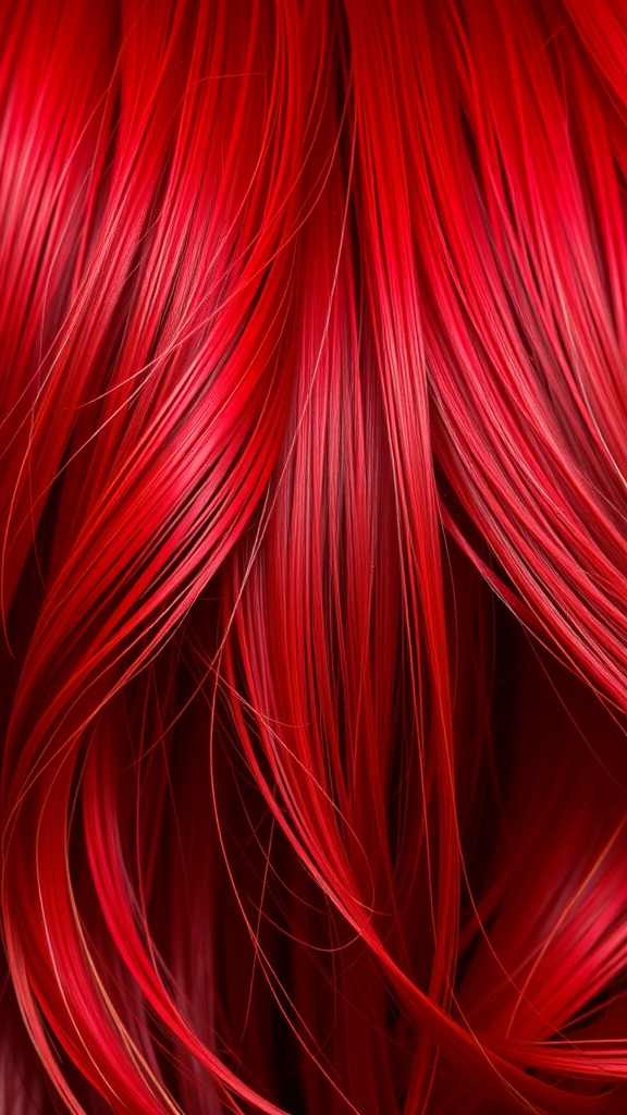 Close-up of vibrant cherry red hair highlights.