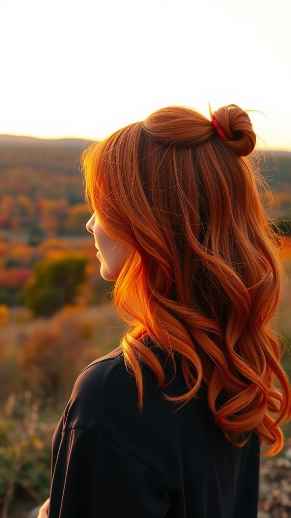 A woman with vibrant sunset orange hair, standing against a scenic autumn backdrop.