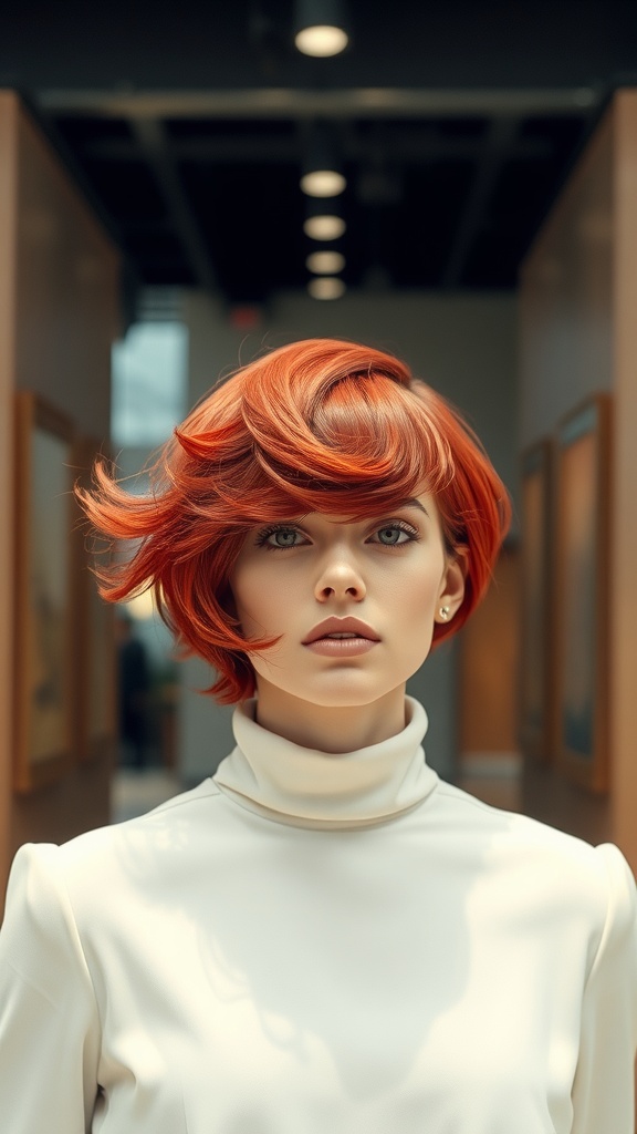 A person with vivid red textured hair looking confidently at the camera.