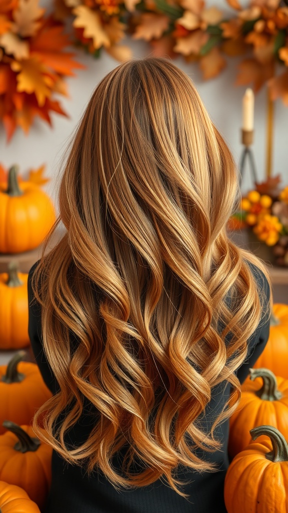 A woman with long, wavy hair, colored in warm chestnut tones, surrounded by pumpkins and autumn leaves.