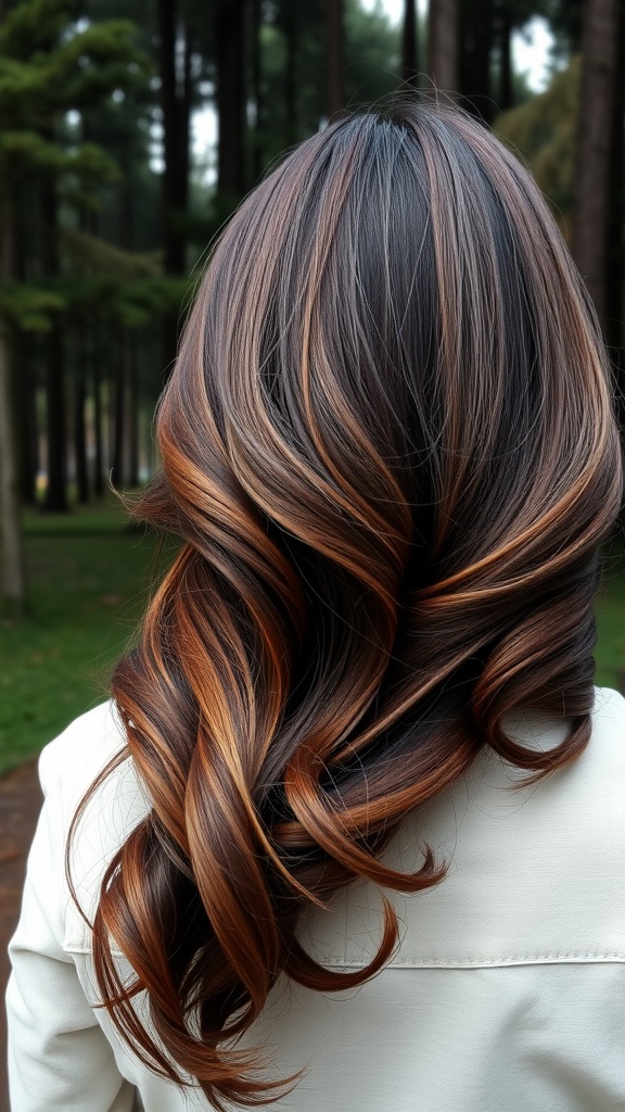 A woman with warm mahogany hair styled in soft waves, surrounded by trees.