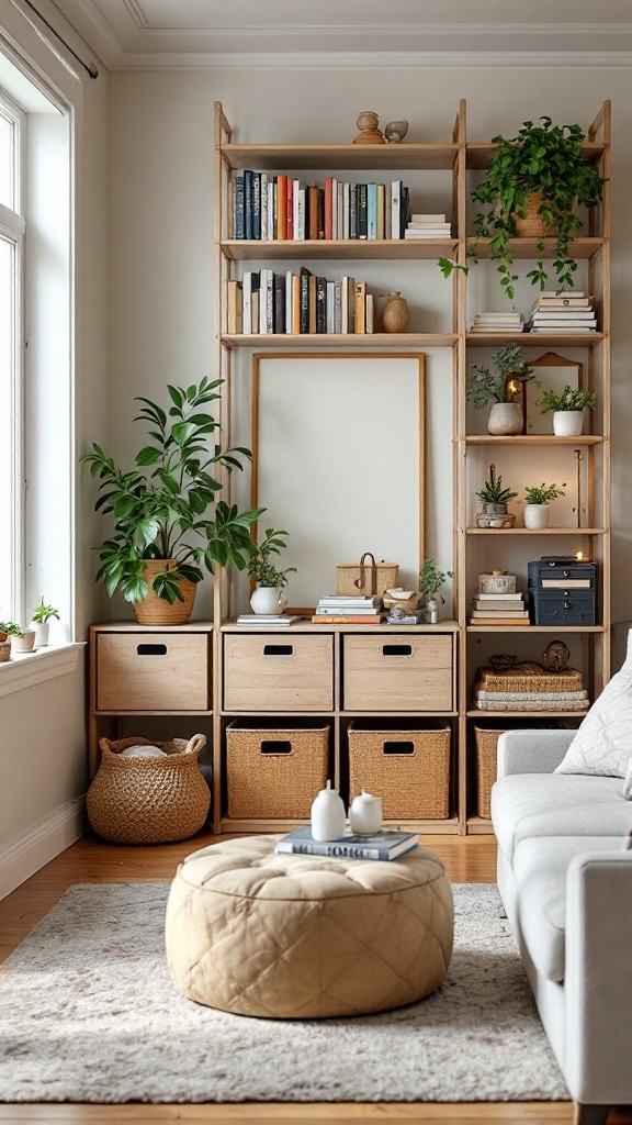 A cozy living room setup featuring a wooden shelving unit filled with books and plants, complemented by stylish storage boxes and a soft ottoman.