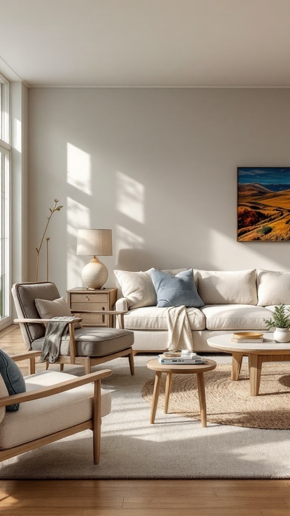 Cozy living room featuring a warm sofa, accent chairs, and a round coffee table.