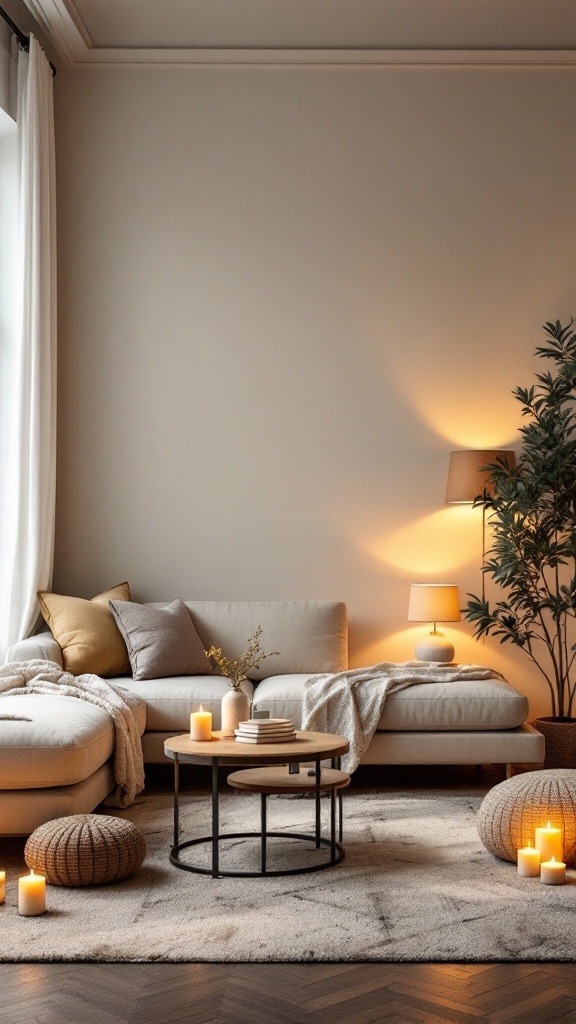 Cozy living room with layered lighting, featuring a soft couch, candles, and decorative elements.