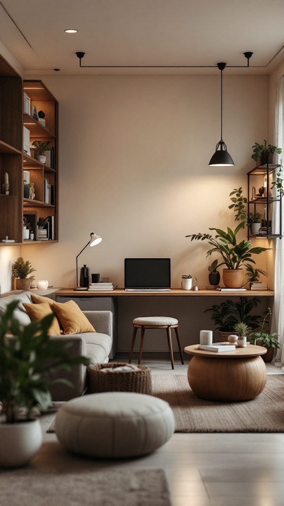 A cozy living room with a desk setup, plants, and comfortable seating
