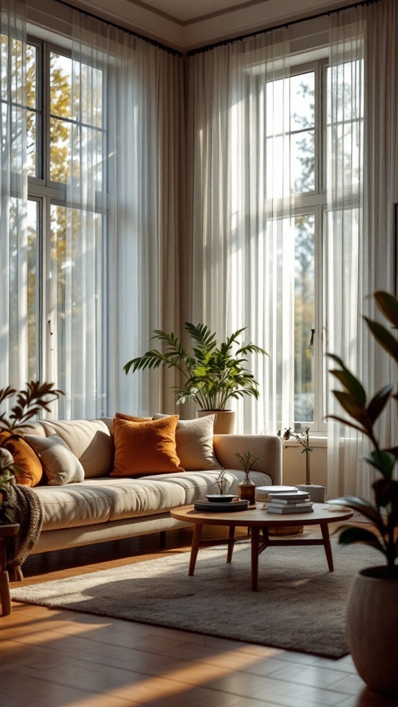 Cozy living room with large windows, soft curtains, and plants, filled with natural light
