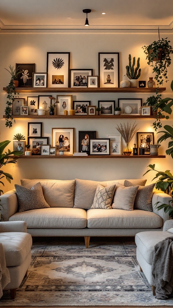 A cozy living room with a soft sofa, decorative pillows, a gallery wall of photos and art, and plants.