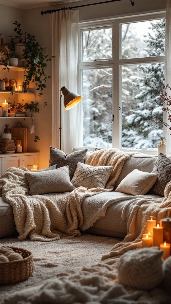 Cozy living room with warm textiles, candles, and snowy view outside.