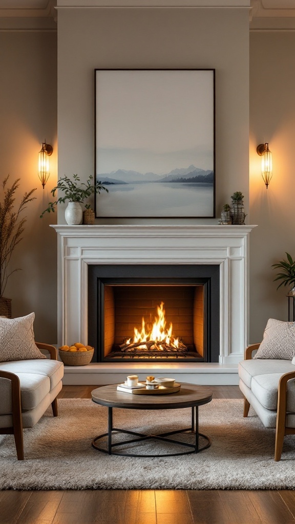 Cozy living room with a fireplace, modern chairs, and warm lighting